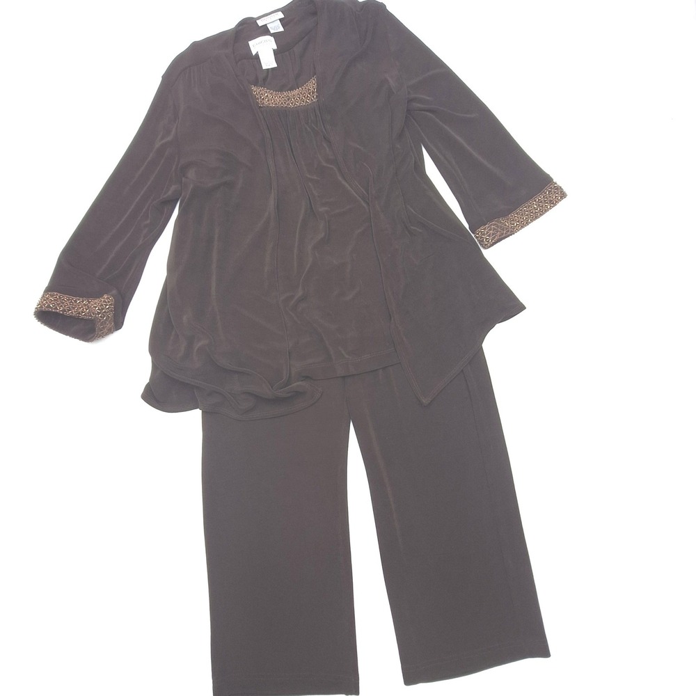 Chicos Travelers 3 Piece Set Womens Size 1/2 Brown Beaded Cardigan Tank Pants